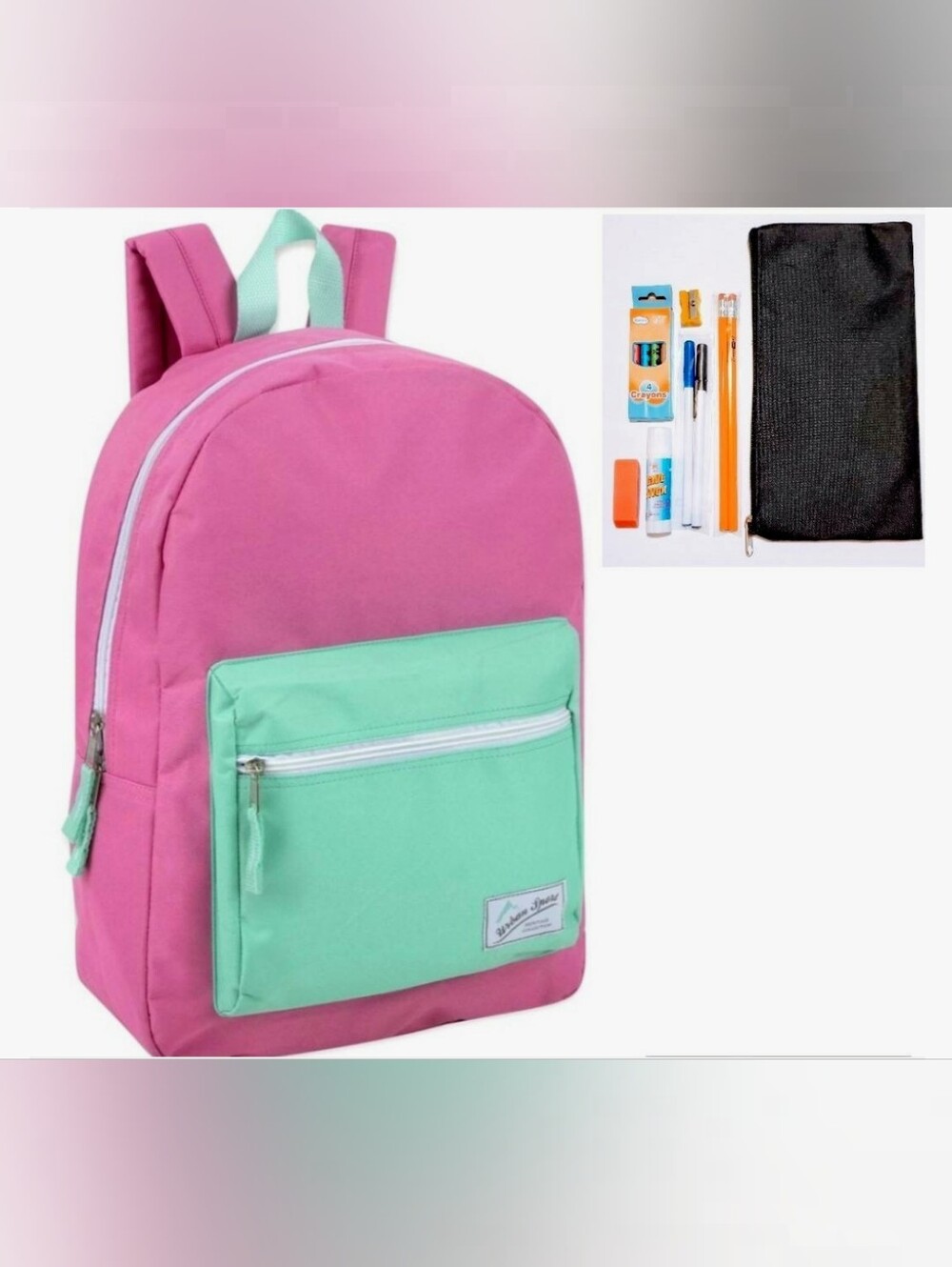 Kids Two-Tone Pink and Mint Casual Backpack with Front Pocket & FREE Pencil Case